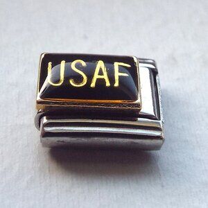 USAF on black enamel 9mm stainless steel Italian charm bracelet link new